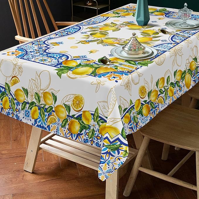 Lemon Tablecloth 60 x 104 Inch Rectangle, Yellow and Blue Mediterranean Summer Decor Tile Flower Pattern Table Cloth Italian Themed Decor for Party Oblong Table Cover for Dining Room