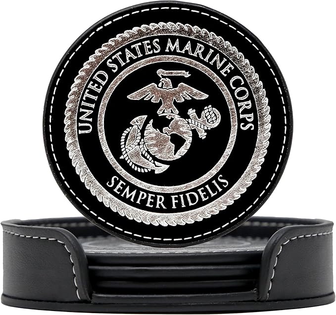 USMC Leather Coaster Set - 4 Premium Coasters with Hot Stamped Foil US Marines EGA Logo - Marine Corps Gift | USMC Leather Coasters