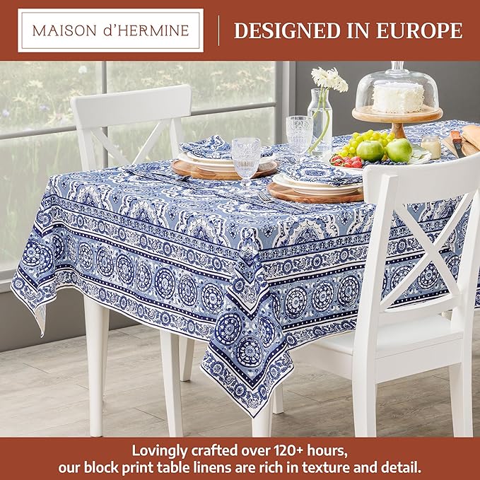 Maison d' Hermine Table Cloth Rectangle Table 100% Cotton 70 x 108 Inches Tablecloth Reusable Decorative for Dining Room Farmhouse Home Valentines Day Decorations Spring Summer - Melodie Bleue