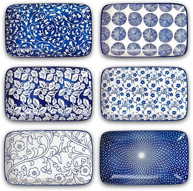 Selamica Ceramic 9.5 Inch Large Rectangular Salad Plates, Dinner Plates, Pasta Dessert Plates Serving Platters and Trays for Appetizer, Sushi, Fruit, Set of 6, Vintage Blue