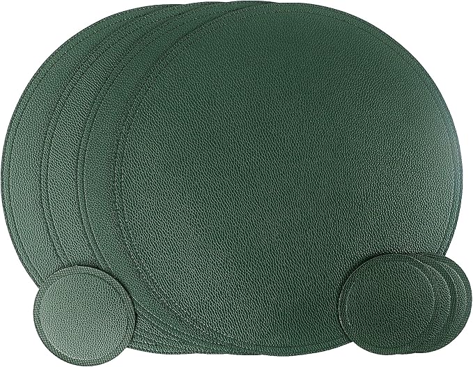 Jovono Faux Leather Round Placemats and Coasters, Wipeable Table Mats, Easy to Clean, Double Stitched for Kitchen Dining Table, Party, Restaurant, Diameter 13'' and 3.9'', Green