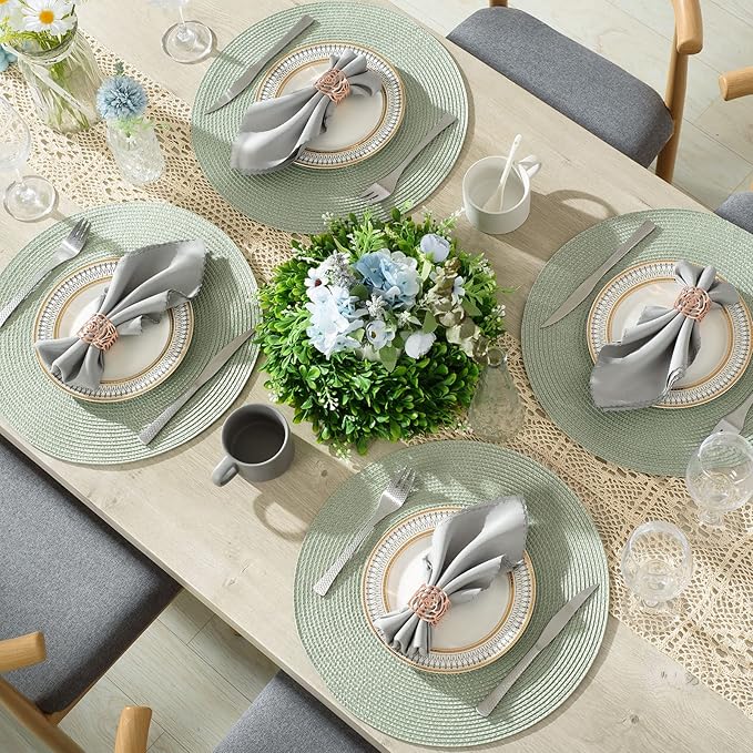 AHHFSMEI Round Braided Placemats 15 Inch Round Table Mats for Dining Tables Natural Woven Heat Resistant Place mats Set of 4 (Sage Green,4)