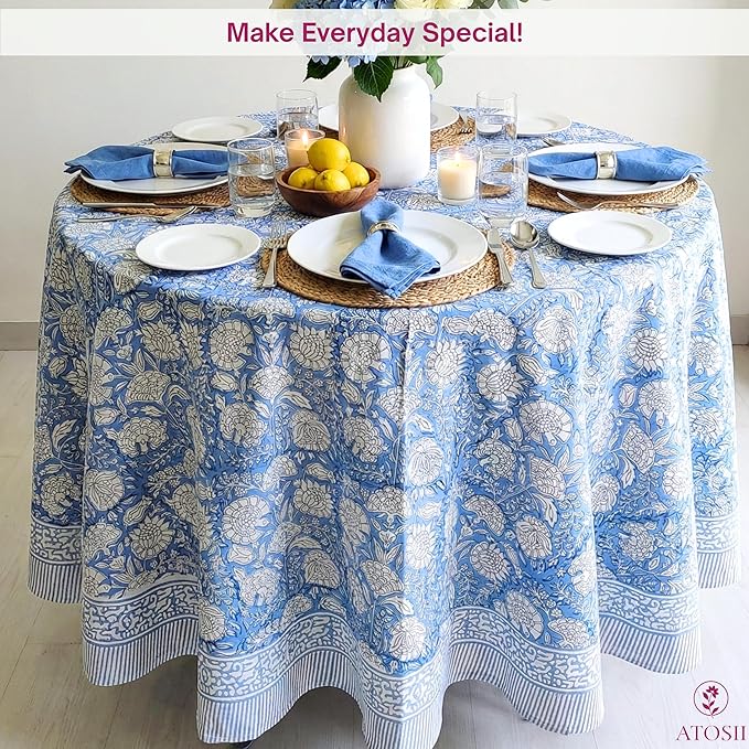 ATOSII Azora Blue 100% Cotton Round Spring Tablecloth, Handblock Print Floral Table Cloth for Kitchen Dining Linen I Parties, Weddings, Outdoors, Easter Holidays I 60" Inches Round
