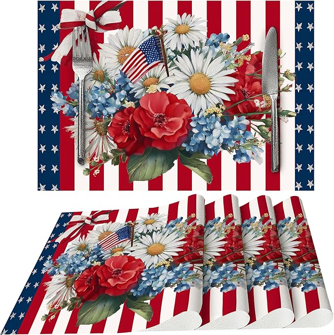 4th of July Placemats Set of 4 Washable Table Place Mats for Dining Kitchen Party Decor