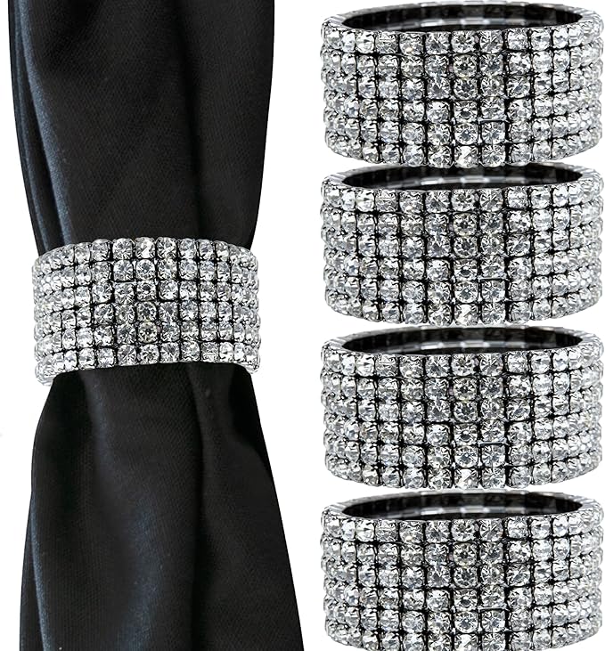 Ashford Napkin Ring, Sparkling Glass Rhinestones, for Cloth Napkins, Elegant Formal Dining Table Setting, Event, Wedding, Charcoal, 2", Set of 4