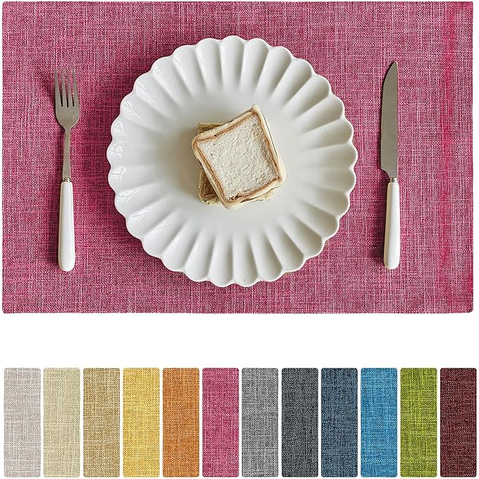 Softalker Faux Linen Placemats Set of 12-12 x 18 Inch, Heat Resistant Double Layered Durable Burlap Farmhouse Place Mats, Non-Slip Washable Rustic Table Mats for Dining, Kitchen, Party（Pink
