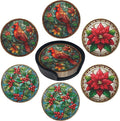 Christmas Bird Coasters Leather Round Drink Coasters 6 Pcs Set with Holderor for Cup Drink Coffee Table Bar Home Decor