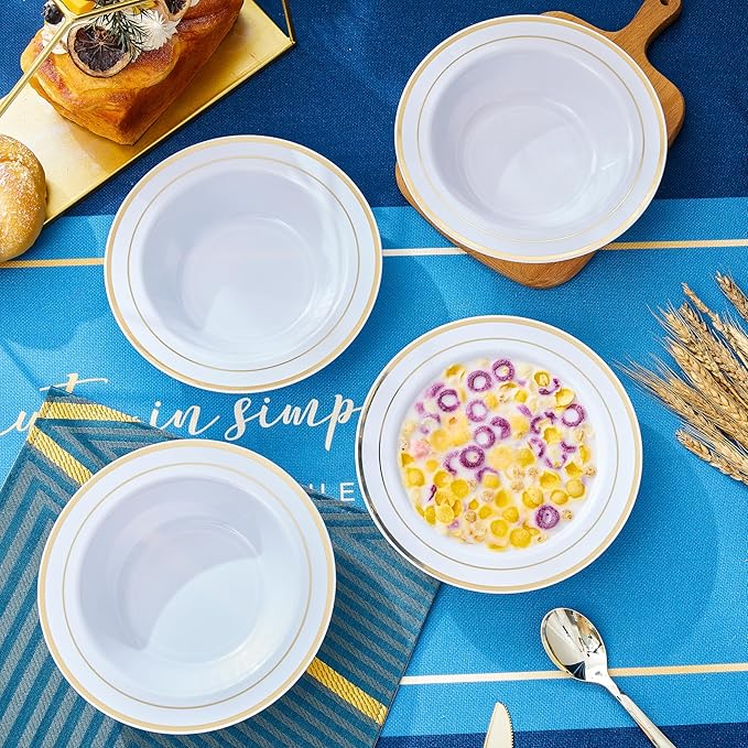 N9R 60PCS Disposable Plastic Bowls with Gold Rim, 12 oz Fancy White Plastic Bowls, Premium Dessert Salad Bowls Perfect for Party, Wedding and Everyday Use