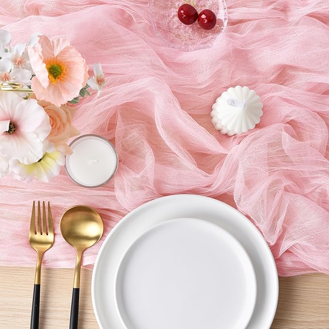 Joanlody Blushing Pink Cheesecloth Table Runner Fall Thanksgiving 10Ft Rustic Gauze Boho Cheese Cloth Table Runner for Wedding Bridal Baby Shower Decoration