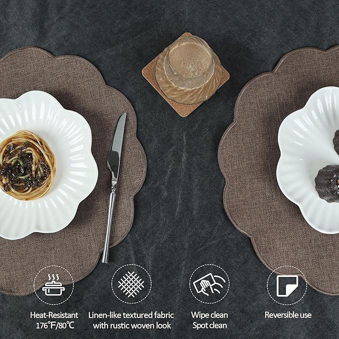 AHHFSMEI Round Faux Linen Placemats Set of 4 Waterproof Table Mats Heat Resistant Non-Slip and Stain Proof for Kitchen Dining Elegant Decor (Brown,4)