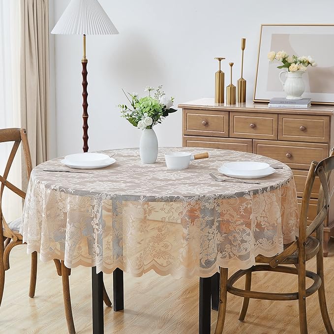 Warm Home Designs 90 Inch Round Tablecloth with English Rose Design. Use as Circle Tablecloth, Rustic Tablecloth or as Elegant Lace Table Cloth. Linen Gold Table Clothes for 6-8 Guests. LTC Linen 90"