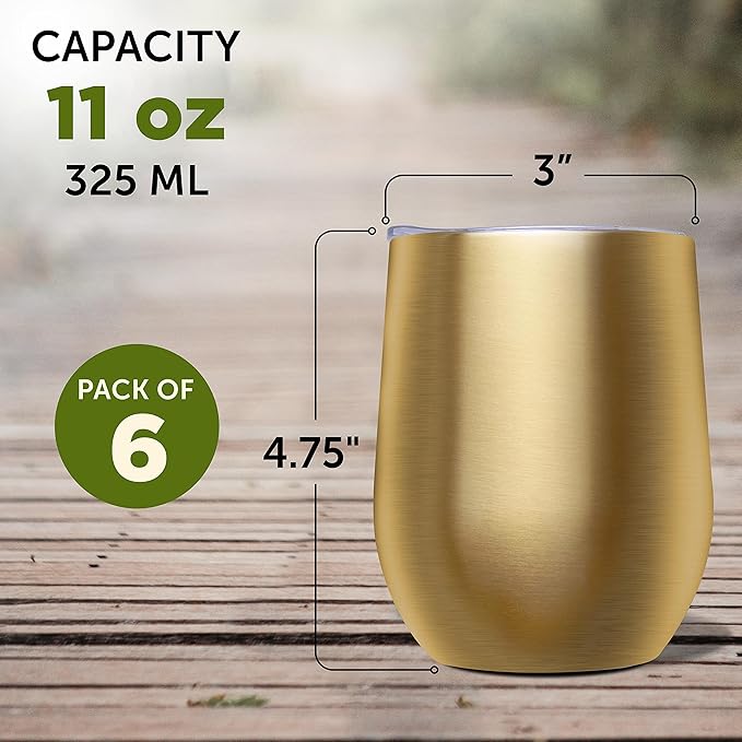 DISCOUNT PROMOS Stemless Wine Glass Tumblers with Lids by Largo 11 oz. Set of 6, Bulk Pack - Perfect for Wine, Cocktails, Other Hot & Cold Beverages - Gold