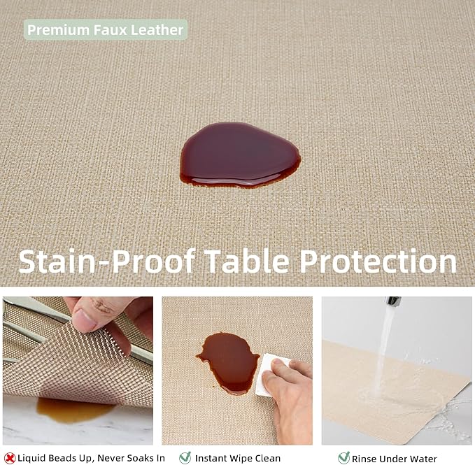 Heat Resistant Placemats Set of 6, 17x12in Waterproof Wipeable Faux Leather Non Slip Table Mats, Easy to Clean, Stain Resistant, for Kitchen Dining Room– Taupe