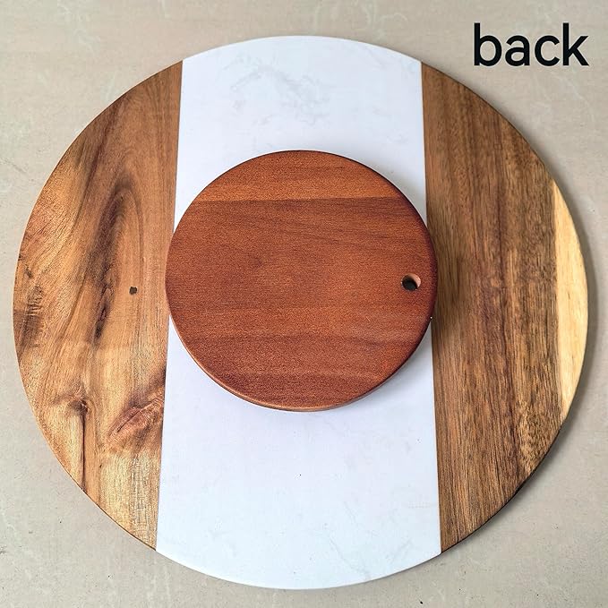 13 Inch Marble and Acacia Wood Lazy Susan – Rotating Serving Tray for Dining Table, Kitchen Island or Coffee Table, Decorative Turntable with Natural Marble Top & Wooden Frame