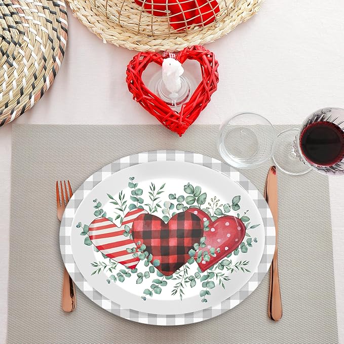 CHUNNIN 50Pcs Valentine's Day Party Supplies Valentines Party Oval Paper Plates 11.6 x 9.5in Eucalyptus Love Heart Disposable Tableware for Valentine's Day Anniversary Birthday Wedding Party Decor