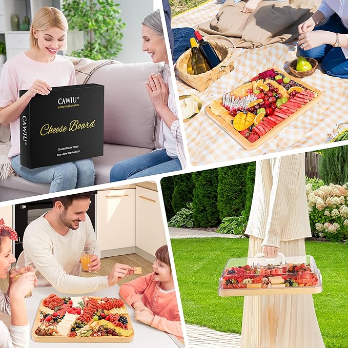 Portable Travel Charcuterie Board with Lid and Handle - Large Bamboo Cheese Board with 4 Cheese Knife Set for Outdoor, Picnics - Weddings, House Warming Gift for Women (1 Compartment, White)