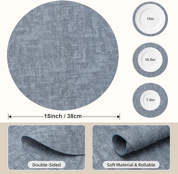 15 inch Faux Leather Round Placemats Set of 6 Non-Slip Washable Wipeable Table Mats, Heat Resistant Waterproof Oilproof Blue Place Mats for Kitchen, Dining, Party, Indoor, Outdoor