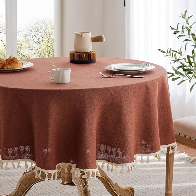 Linen Tablecloth with Tassels, Farmhouse Style Terracota Tablecloth, Water Resistant Burlap Tablecloths for Round Table, 52 Inch Round Terracota