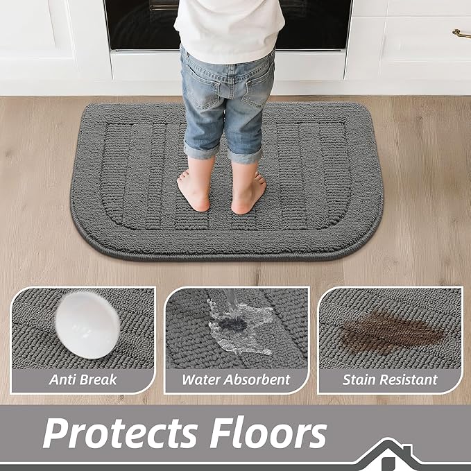 BEQHAUSE 30x18 Inch Kitchen Rug Mat Durable Kitchen Rugs Non-Slip Washable Absorbent Kitchen Mats for Floor Dirt-Resistant Semicircular Kitchen Mat (Grey, 2PCS)