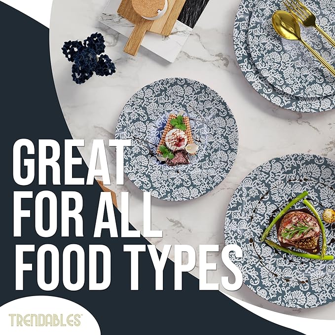 Trendables Disposable Dinnerware Decorative Plates Plastic Disposable Plates Set For 20 Guests 20 x 8 Inch Dessert Plate & 20 x 10 Inch Wedding Party Plate Set Garden Damask