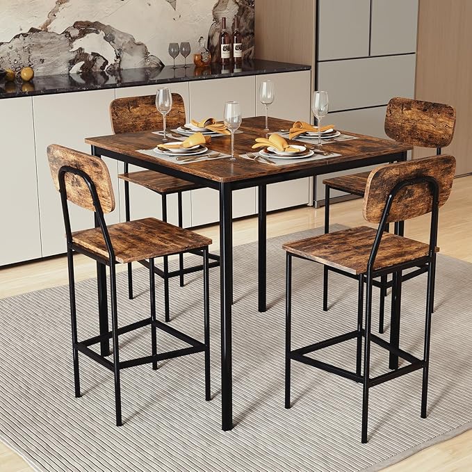 COSTWAY Dining Table Set for 4, 5-Piece Square Kitchen Nook Dinette Set with 4 Bar Stools with Footrest, Backrest, Space-Saving Design, Industrial Kitchen Table and Chairs for Apartment, Coffee