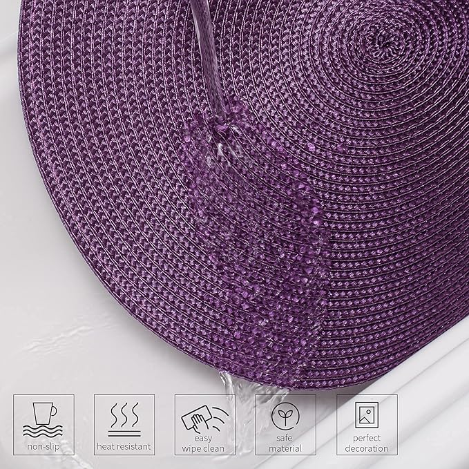 AHHFSMEI Round Braided Placemats 15 Inch Round Table Mats for Dining Tables Natural Woven Heat Resistant Place mats Set of 6 (Plum Purple)