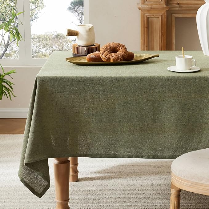Linen Tablecloth for Rectangle Table, 60x104 Inch Olive, Farmhouse Style Green Tablecloth, Water Resistant Burlap Tablecloths for Dining Table Farmhouse Kitchen