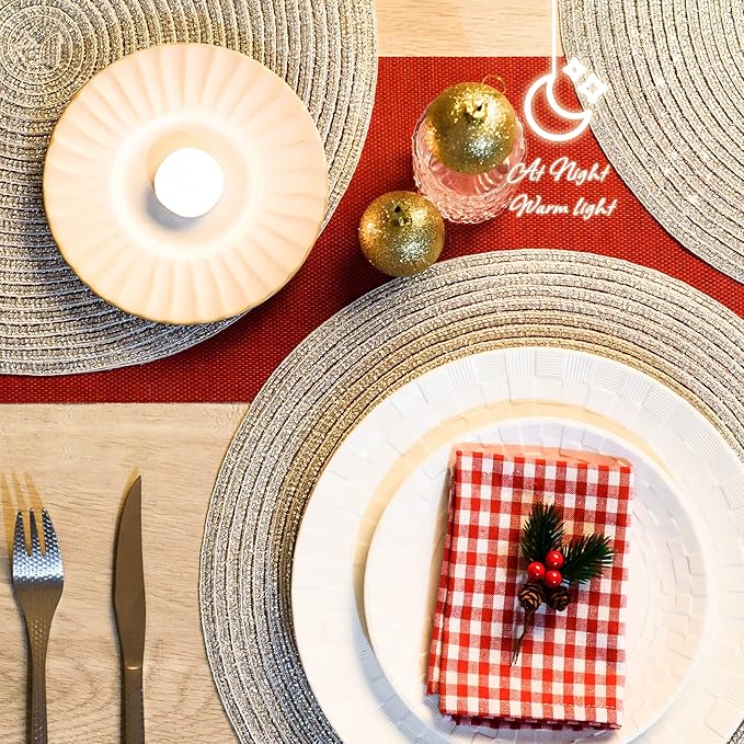 AHHFSMEI Round Braided Placemats 15 Inch Round Table Mats for Dining Tables Natural Woven Heat Resistant Place mats Set of 6 (Silver Shine)