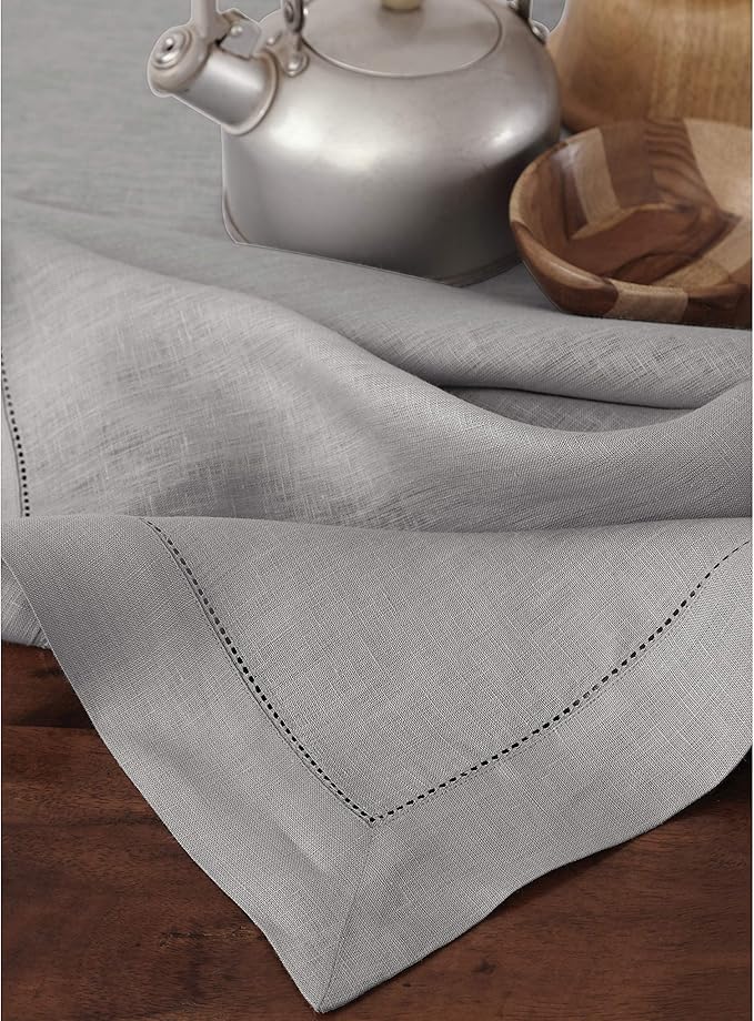 Solino Home Linen Soft Grey Tablecloth 60 x 144 Inch - Classic Hemstitch, 100% Pure Linen Rectangular Tablecloth - Machine Washable Table Cloth for Winter, Spring, Easter