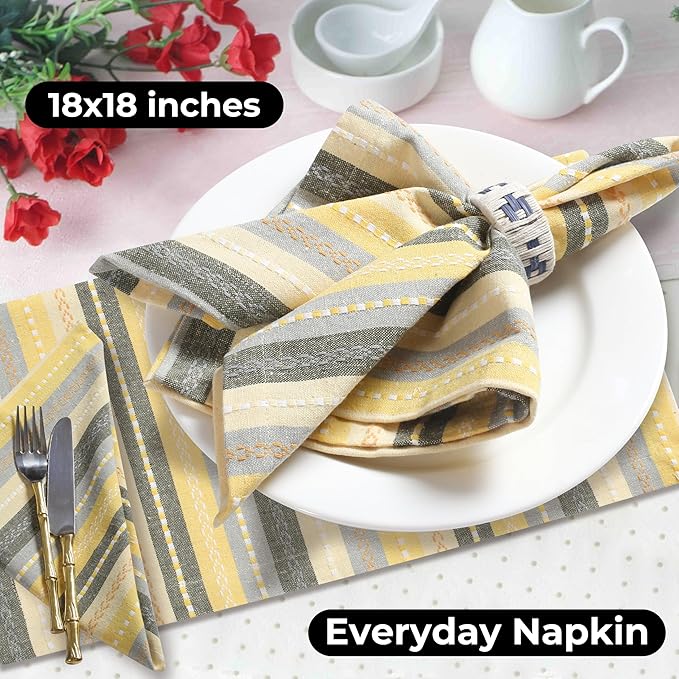 Cloth Napkins Set of 12 – 100% Cotton Dinner Napkins 18x18 Inch – Yellow Multi Color, Machine Washable, Reusable – Ideal for Weddings, Parties, Restaurants