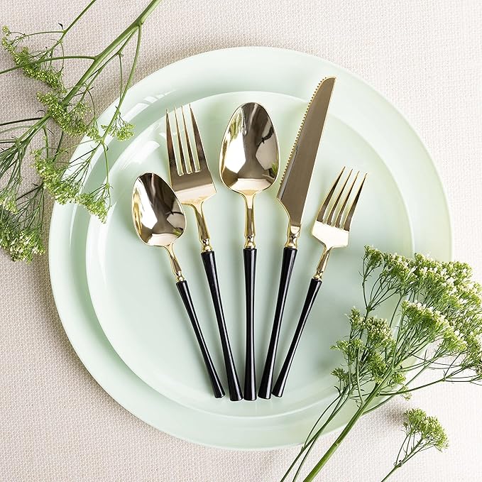 PlasticPro 20 Count Gold and Black Plastic Soup Spoons Premium Quality Heavy Duty Disposable Elegant Silverware Two Tone Soup Spoons for Party