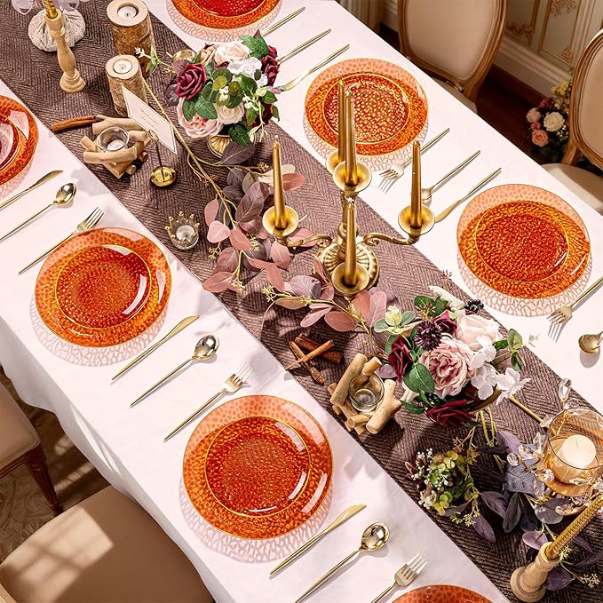Rubtlamp 60Pcs Amber Plastic Plates - Brown Disposable Plates With Gold Rim, Clear Heavy-duty Party Plates, Hammered Plates Include 30 Dessert Platos, 30 Dinner Platos for Party