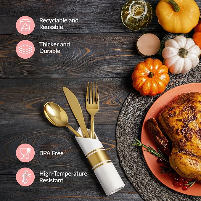 Prestee 200 Piece Gold Plastic Silverware Set for 50 Guests - Premium Pre Rolled Cutlery Set with Napkins - Elegant Disposable Silverware with Forks, Knives, and Spoons for Weddings and Thanksgiving