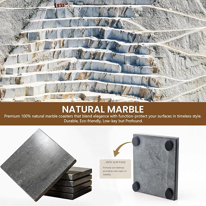 Natural Marble Coasters, Square Costers, Luxury Aesthetic Modern Decor for Coffee Table Bar Kitchen Home, Grey Marble, Real Natural Semi Absorbent Stone Coasters