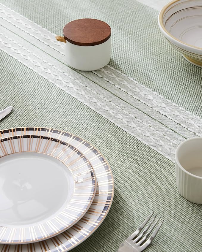 ZeeMart Contrast Linen Table Cloth Rectangle Table Cloths 60x104 Inch Mid-Stripe Green, Farmhouse Style Heavy Weight Sage Green Tablecloth, Water Resistant Burlap Tablecloths