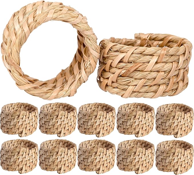CLEENTABLE Jute Napkin Ring, Nautical Woven Napkin Rings Set of 12 - Handcrafted Cane Table Decor, 1.5" Diameter Coastal Napkin Holders for Weddings, Parties & Everyday Dining (Natural)