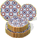 Morejoy 60pcs Plastic Disposable Plates Set - White Plastic Plates Featuring Classic Blue & Red Kaleidoscope Patterns With Gradient Gold Trim.10.25 Dinner Plates & 7.5 Dessert Plates for Wedding,Party