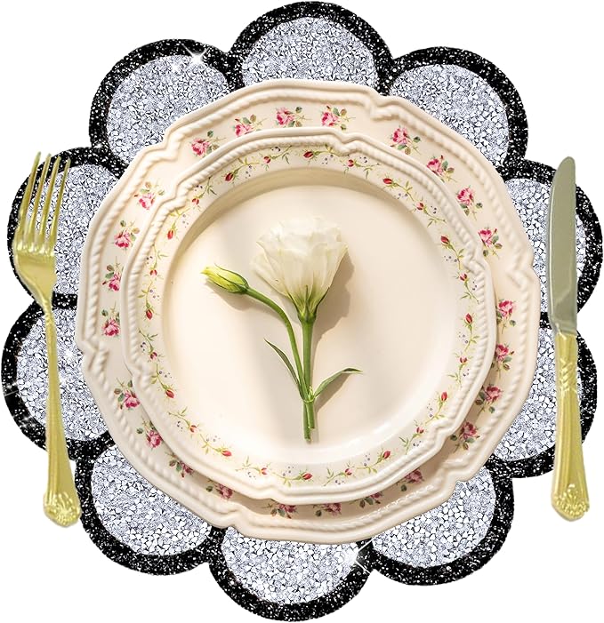 Washable Waterproof Diamond Circle Placemats for Round Tablescape Decor for Dinner and Kitchen Bling Placemats for Weddings & Special Events -6 PCS (Silver and Black)