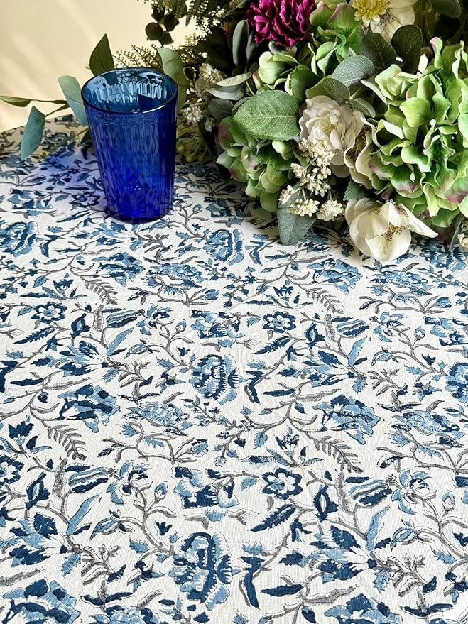 ATOSII Jodhpur Blue 100% Cotton Round Tablecloth, Handblock Print Floral Table Cloth for Kitchen Dining Linen I Parties, Weddings, Outdoors, Christmas I Fall Home Decor 90" Inches Round