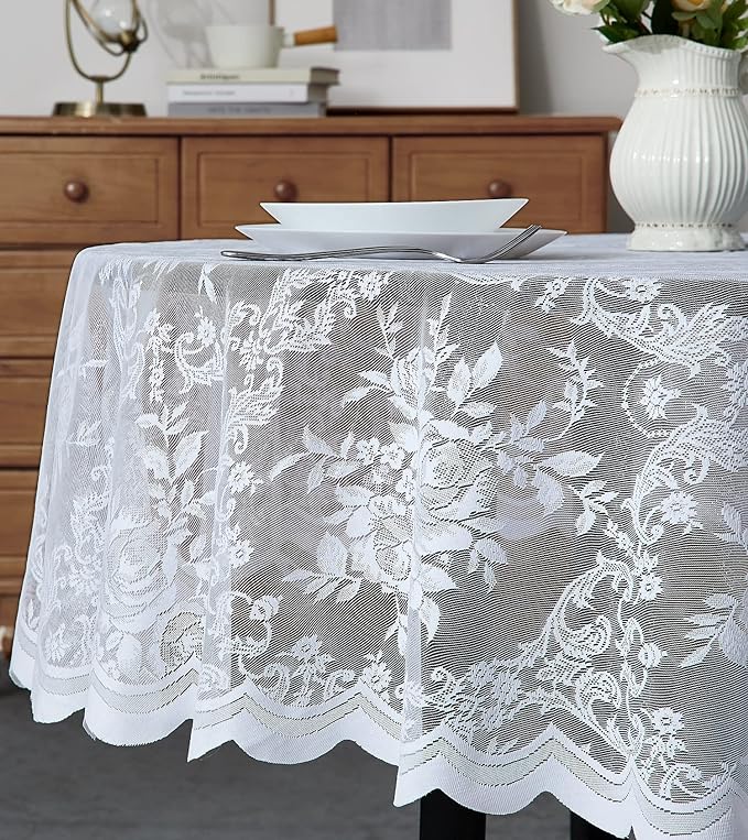 Warm Home Designs 90 Inch Round Tablecloth with English Rose Design. Use as Circle Tablecloth, Rustic Tablecloth or as Elegant Lace Table Cloth. White Table Clothes for 6-8 Guests. LTC White 90"