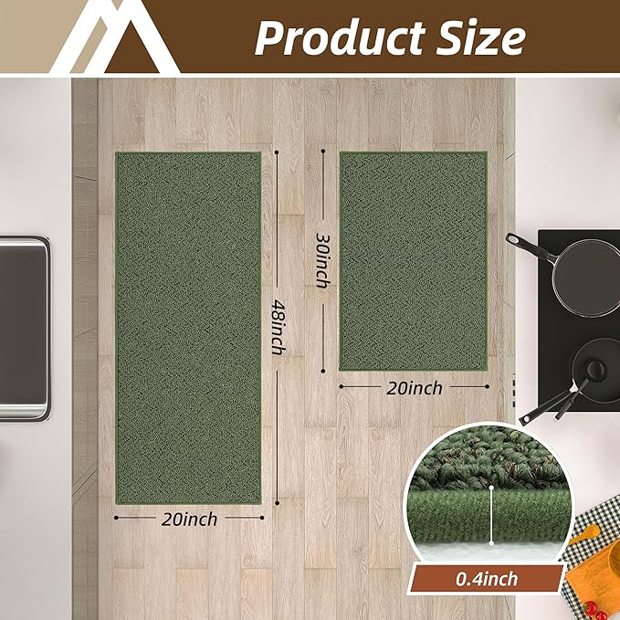 COSY HOMEER Kitchen Rugs and Mats 2PCS Non Slip Kitchen Mats for Floor Washable Stain Resistant Kitchen Runner Rug Sets Absorbent Kitchen Floor Mat 20"x32"+20"x48",Green