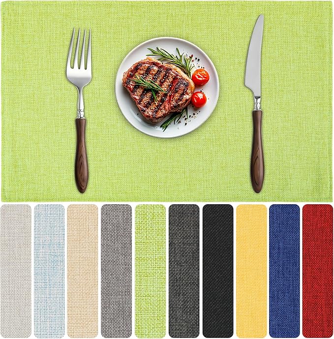 Blue Forest Placemats Set of 4, Dual-Layered Thickened Faux Linen Table Mats Heat Resistant Machine Washable Wrinkle Free Place Mats for Kitchen Dining Outdoor/Indoor (Grass Green)