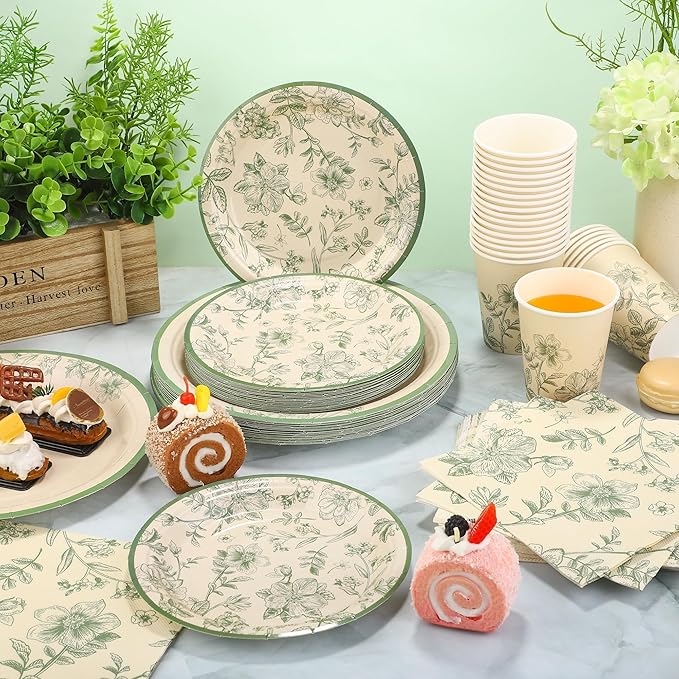 Kochorie 96 Pieces Sage Green Floral Party Supplies Elegant Floral Disposable Tableware Set Includes 9 Inch and 7 Inch Paper Plates, Cups, Napkins Serves 24 Guests for Birthday Baby Shower Wedding