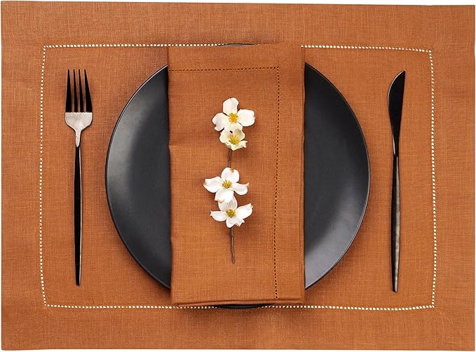 D'Moksha Homes Rust Linen Placemats Set of 6 - Classic Hemstitch Placemats 14 x 19 Inch - 100% Pure Linen Table Mats for Spring, Easter - Handcrafted and Machine Washable