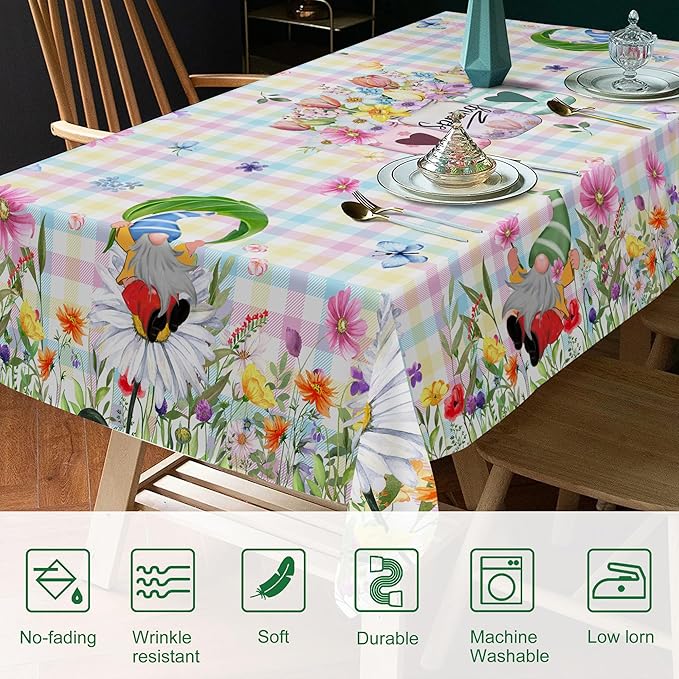 Spring Tablecloth Round, 70 Inch Gnome Flowers Buffalo Check Plaid Kitchen Table Cover for Dining Room Indoor Decor