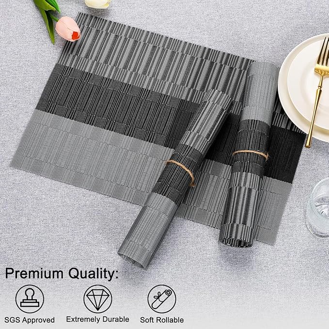 Placemats Set of 4, Vinyl Woven Place Mats Indoor Set of 4 Washable Wipeable PVC Table Mats Heat-Resistant Non Slip Plastic Placemat for Kitchen Dining Outdoor Table (Gray Black, Set of 4)