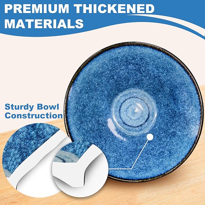 9.4-Inch 4 Sets Ceramic Ramen Bowl (16 Piece) - Japanese Porcelain Dishwasher Microwave Safe Salad Noodles Cereal Pasta Soup Large Bowls with Chopsticks Forks Spoons for Men Women Housewarming Gift