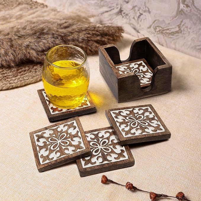 DEVLA Decorative 4 inch Wooden Coaster Set, Hand Carved with White Antique Design, 5 Coasters with Holder, Brown and White Antique