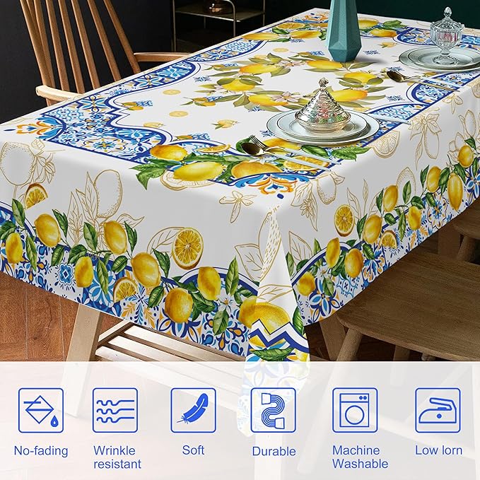 Lemon Tablecloth 60 x 84 Inch Rectangle, Yellow and Blue Mediterranean Summer Decor Tile Flower Pattern Table Cloth Italian Themed Decor for Party Oblong Table Cover for Dining Room