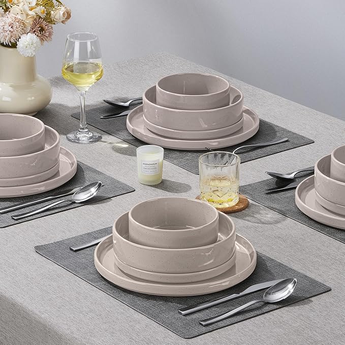 Herogo 8 Piece Plates and Bowls Set, Ceramic Dinnerware Sets with Pasta Bowls, Kitchen Dinner Ware Dishes Service for 2, Chip & Scratch Resistant Dishware, Speckled Coffee Brown